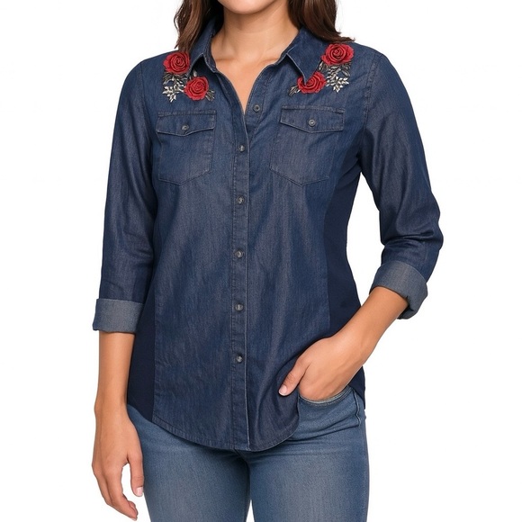 CAVALINI Blue Chambray Red Rose Embroidered Top Roll Tab Sleeve Button Up sz S - Picture 1 of 9